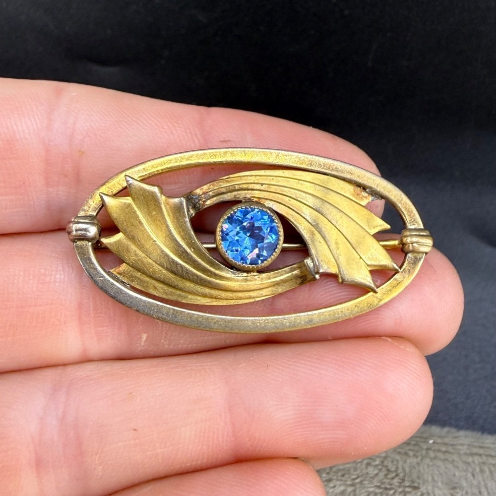 Vintage Estate Brooch Gold Filled Blue Rhinestone Oval Art Deco Style READ